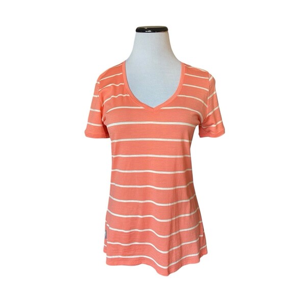 Icebreaker Womens Merino Wool T-Shirt Size M Coral Striped Sustainable Granola - Picture 1 of 11